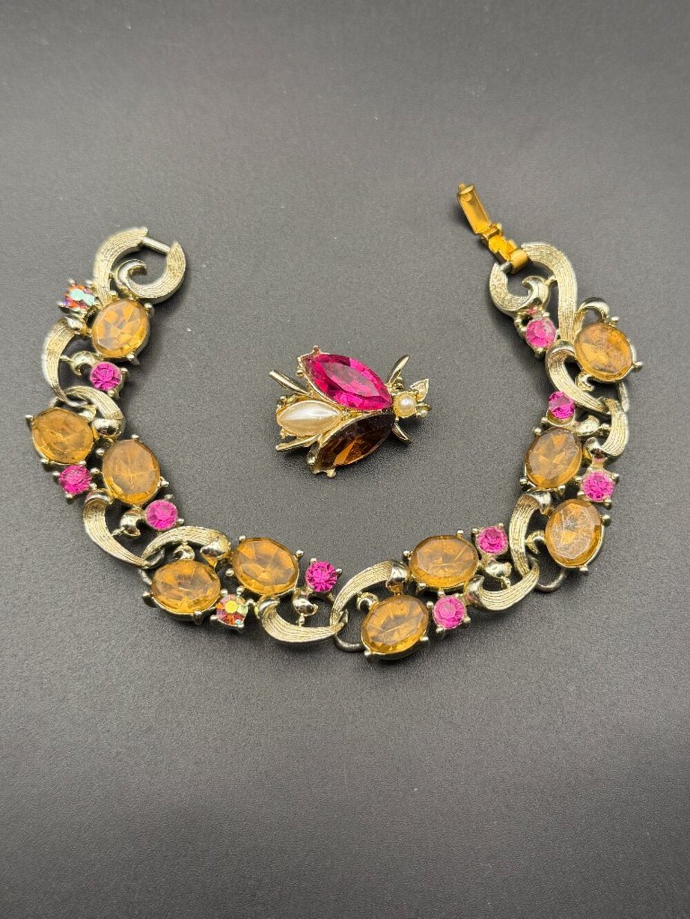 Vintage Vanity Fair Bracelet & Insect Brooch Set Pink Topaz Rhinestone 7.5in